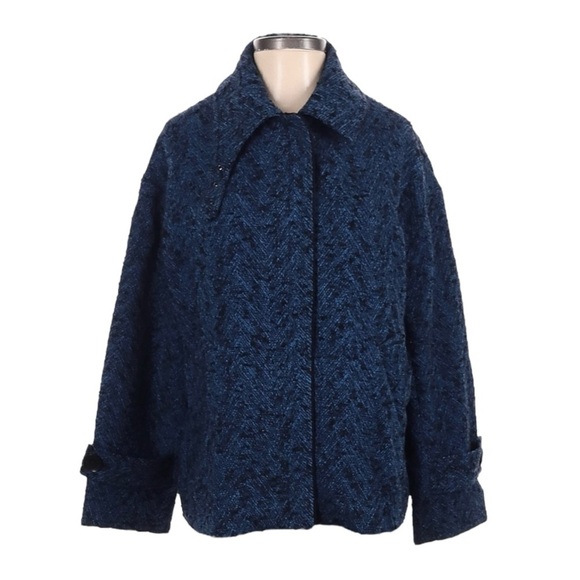 Banana Republic Tweed Oversized Moto Jacket Coat XS Navy Blue Buckle Collar NWOT - Picture 1 of 13